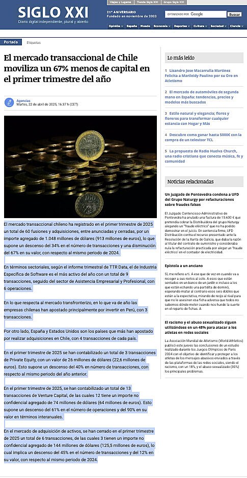 El mercado transaccional de Chile moviliza un 67% menos de capital en el primer trimestre del ao